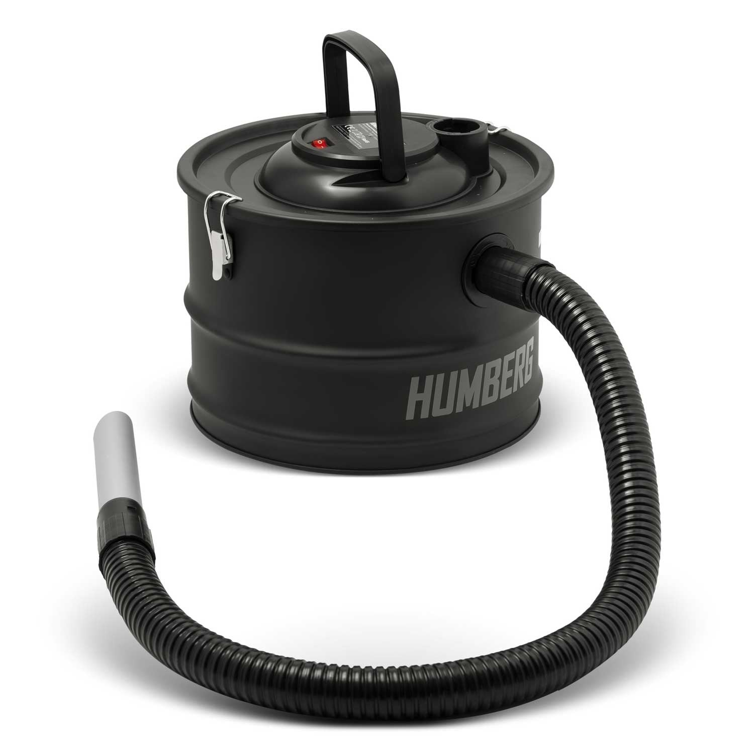 Una aspiradora negra con asa, manguera y boquilla. La marca HUMBERG es visible en el lateral.