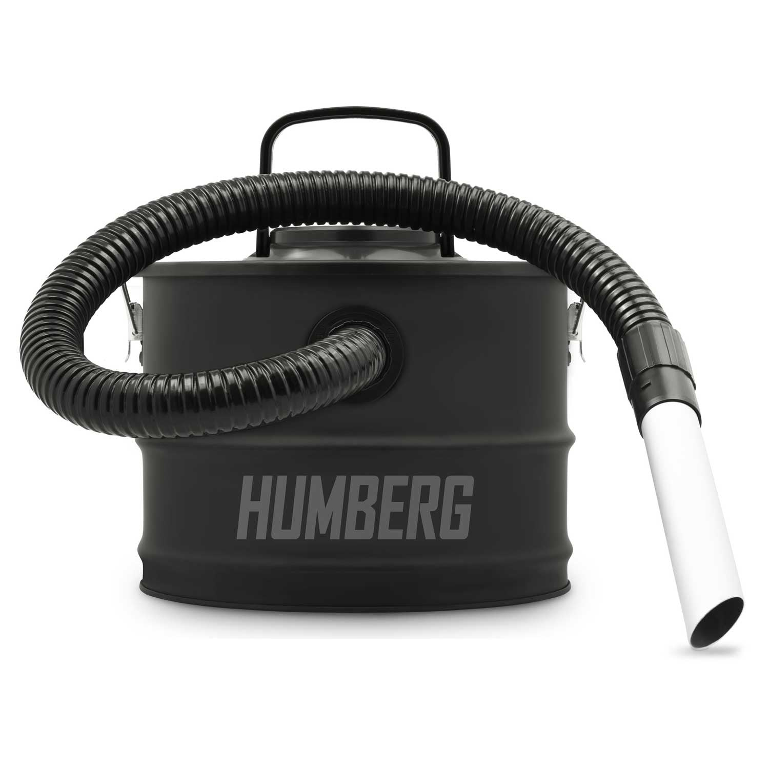 Una aspiradora negra Humberg con manguera negra y boquilla blanca. El fondo es blanco.