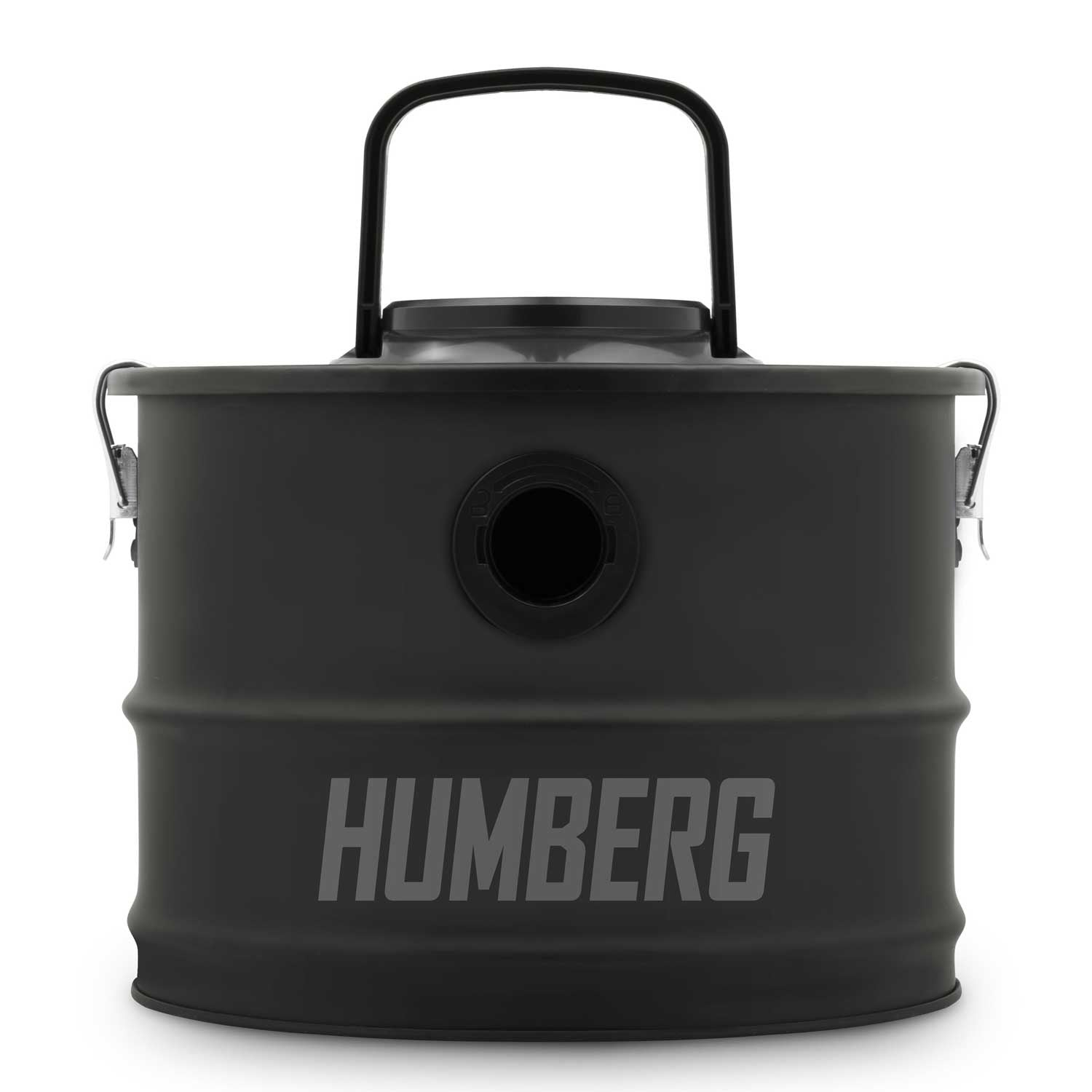 Un contenedor Humberg de metal negro con asa y agujero. La palabra HUMBERG está impresa en gris en la parte delantera.