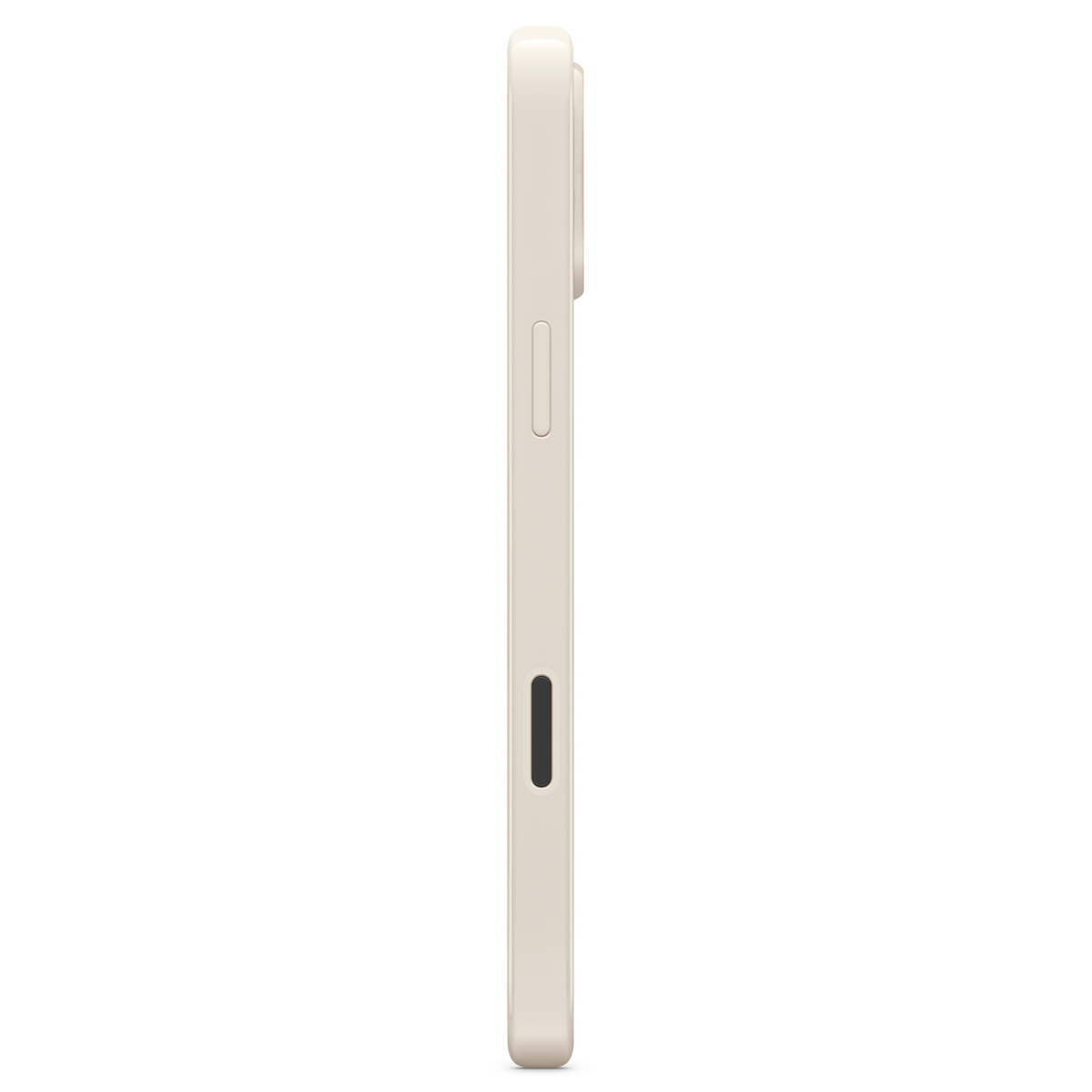 A side view of a beige phone. It has a volume button, a power button, and a small black rectangular element.