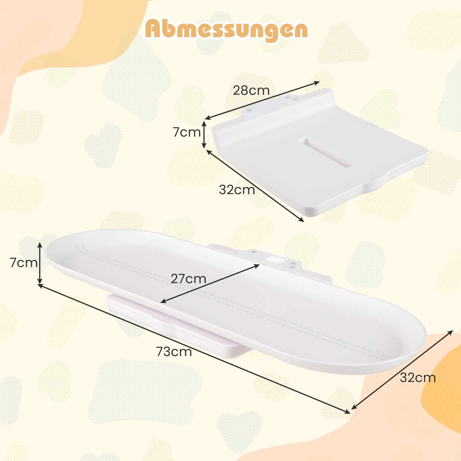 Dos básculas para bebés blancas con medidas. Una es una bandeja, la otra es alargada. Fondo: beige estampado.