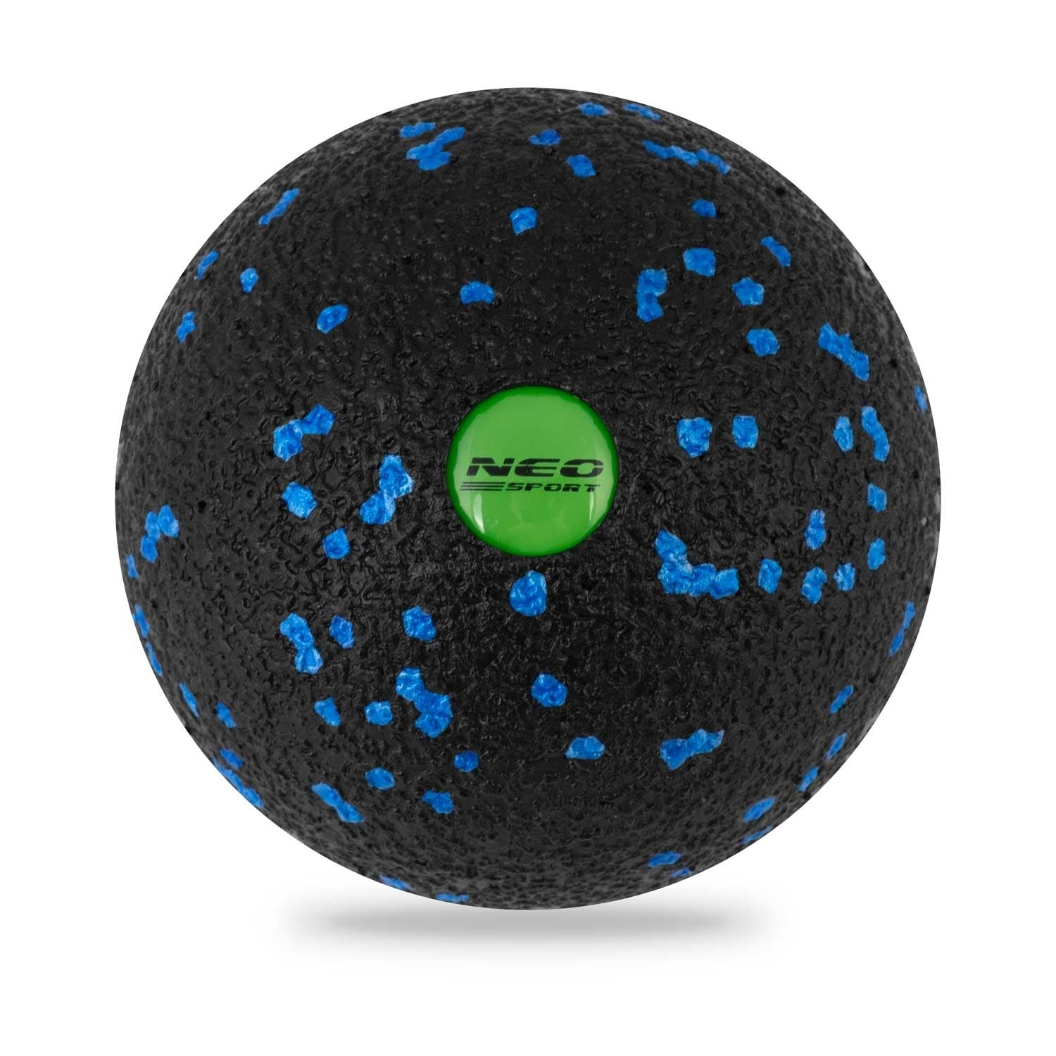 Una bola de masaje de espuma negra con puntos azules. Tiene un centro verde con la palabra NEO SPORT.