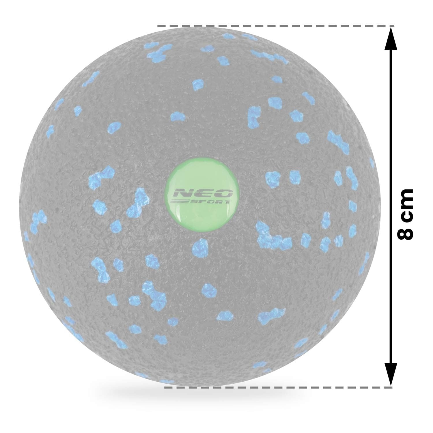 Una bola de masaje de espuma gris con manchas azules. Tiene un logotipo verde y mide 8 cm.