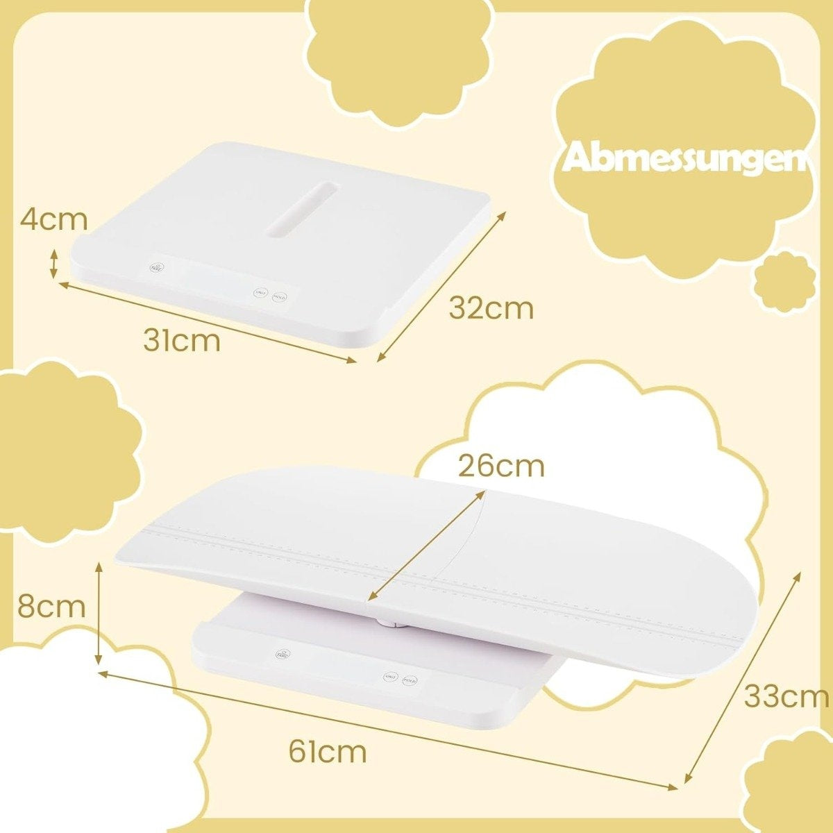 La imagen muestra dos básculas para bebés blancas. Las dimensiones están etiquetadas en cm. Una es rectangular, la otra tiene una parte superior curva.