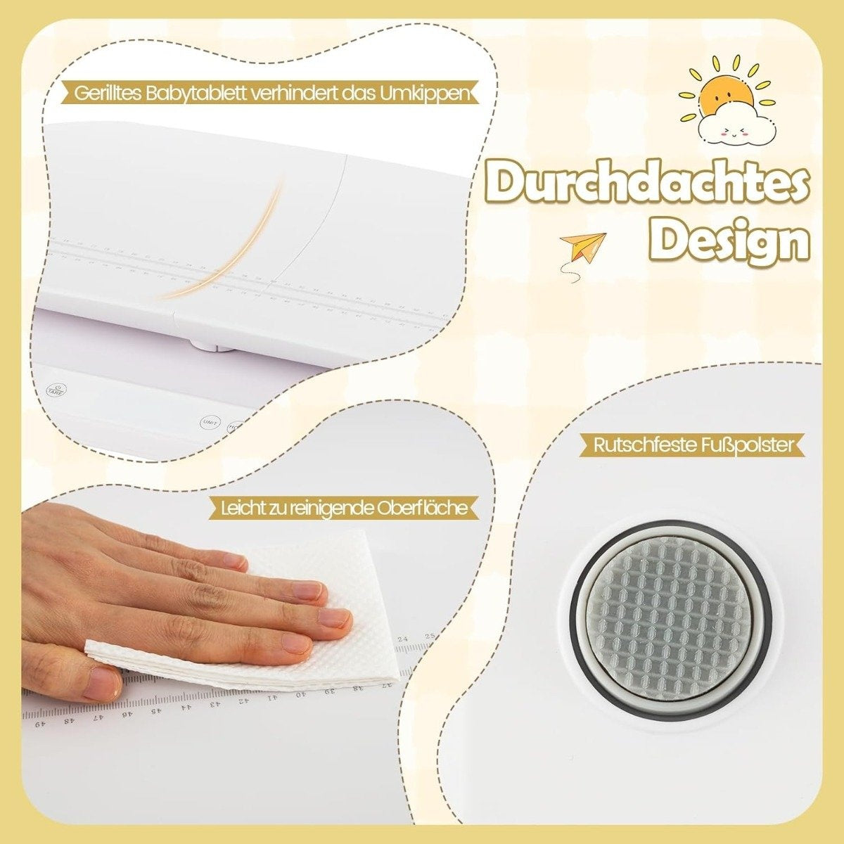 Una mesa de bebé blanca con una mano limpiando la superficie. Cuenta con reposapiés antideslizante y superficie fácil de limpiar.