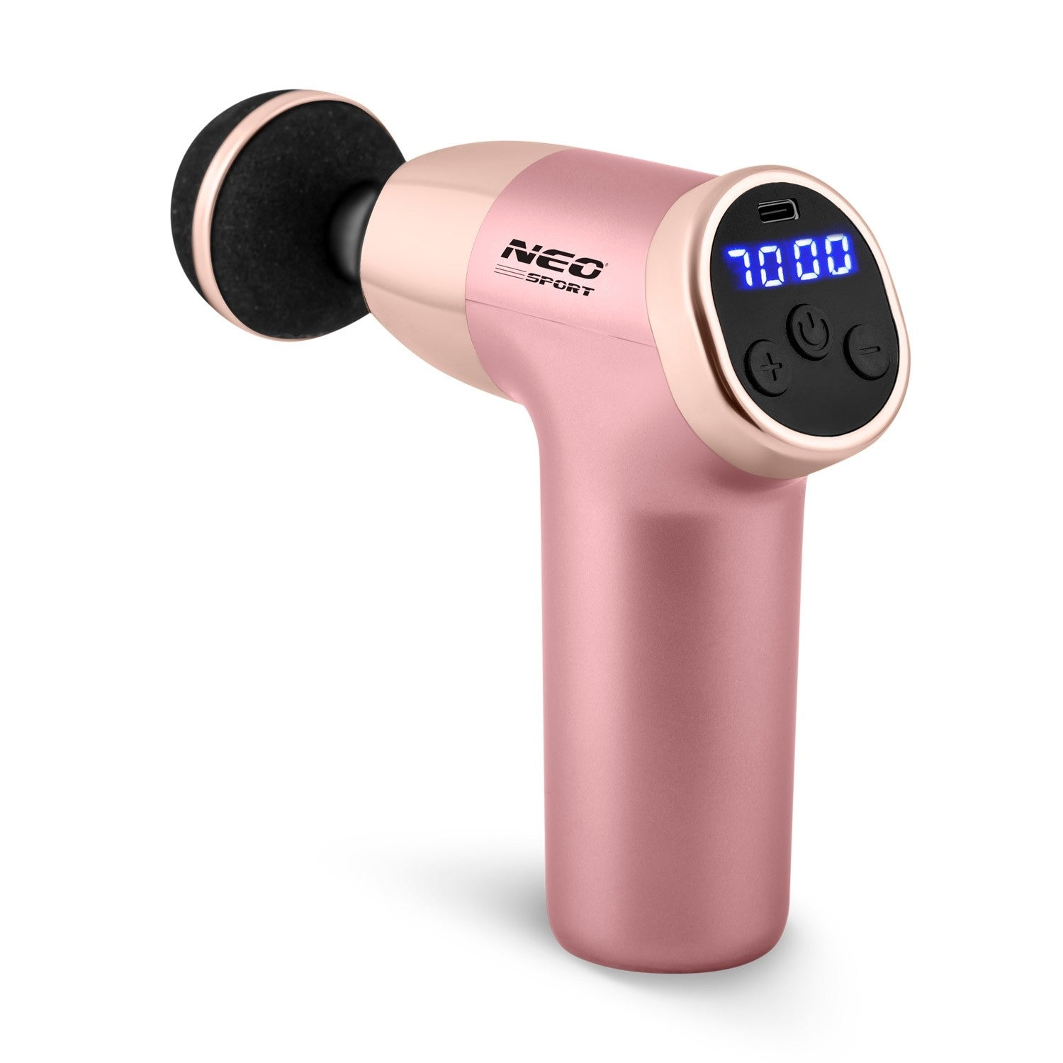 Una pistola de masaje oro rosa con cabezal negro. Tiene una pantalla digital que muestra '7000' y la marca 'NEO SPORT'.