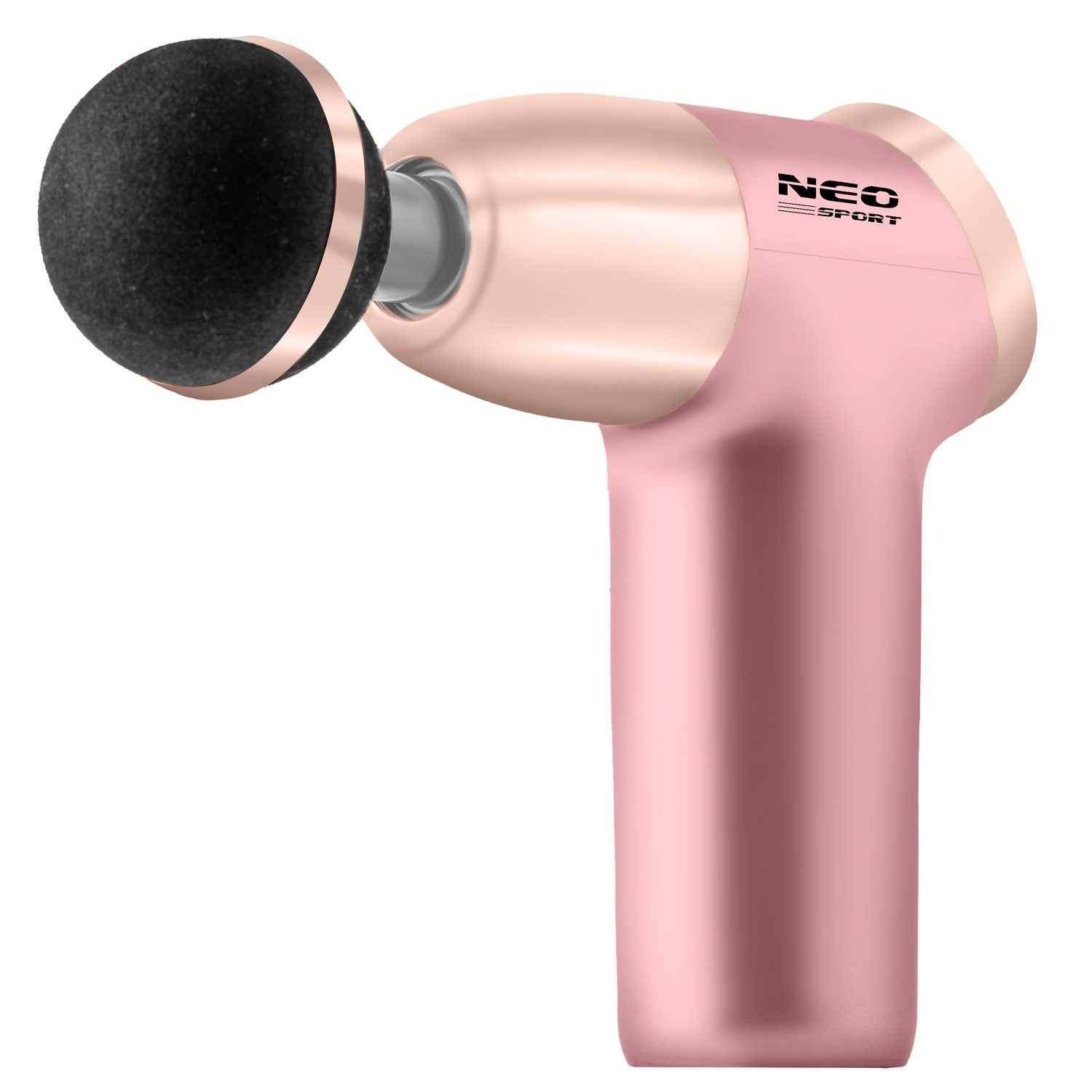 Una pistola de masaje rosa y oro rosa con un cabezal de masaje negro. El logotipo de NEO Sport es visible. El fondo es blanco.