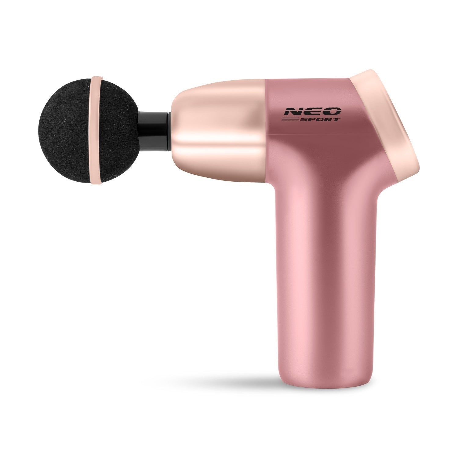 Una pistola de masaje oro rosa con cabezal negro y redondo. Se ve la marca 'NEO SPORT'.