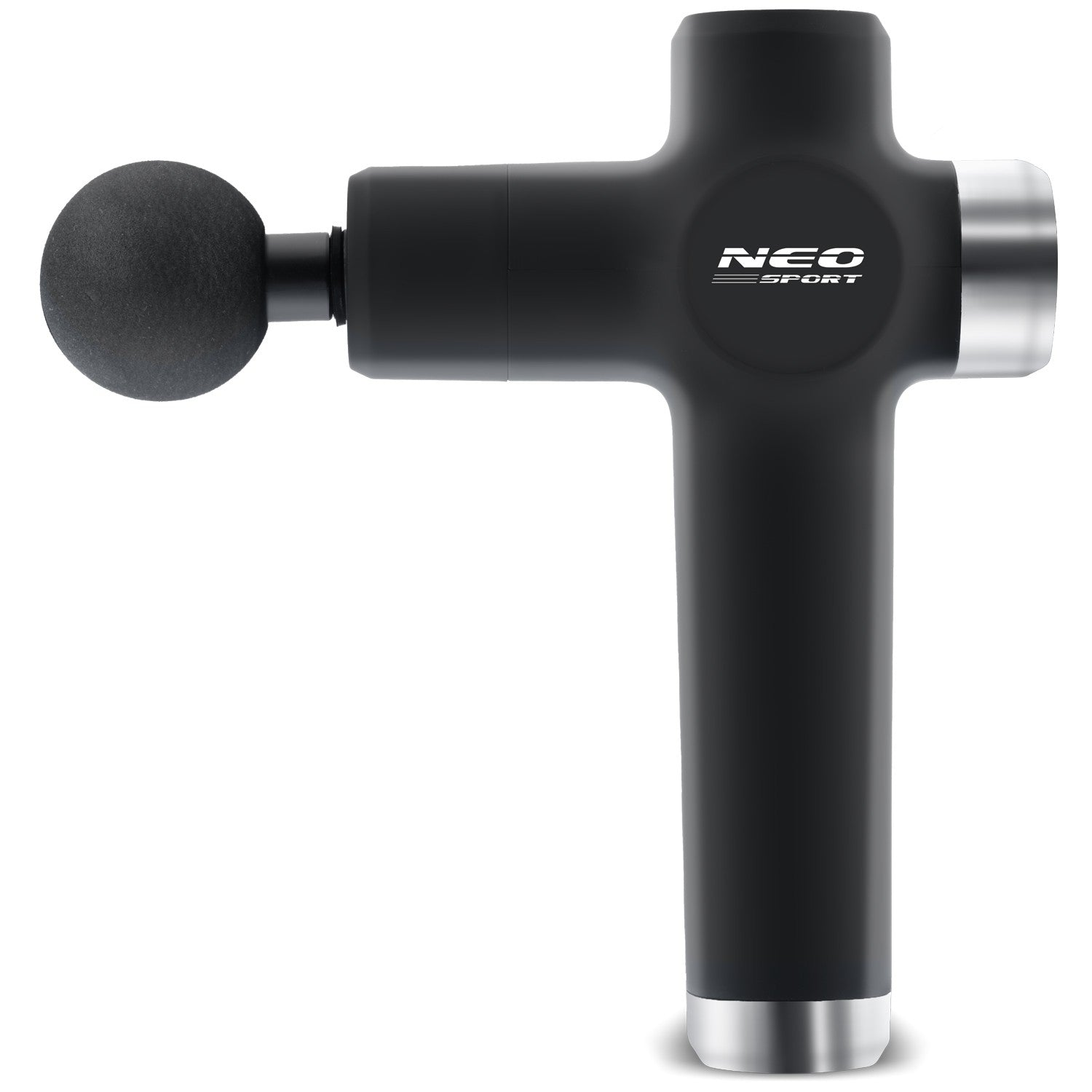 Una pistola de masaje negra y plateada. Tiene un cabezal redondo, un cuerpo en forma de cruz y un mango. La marca NEO SPORT es visible.