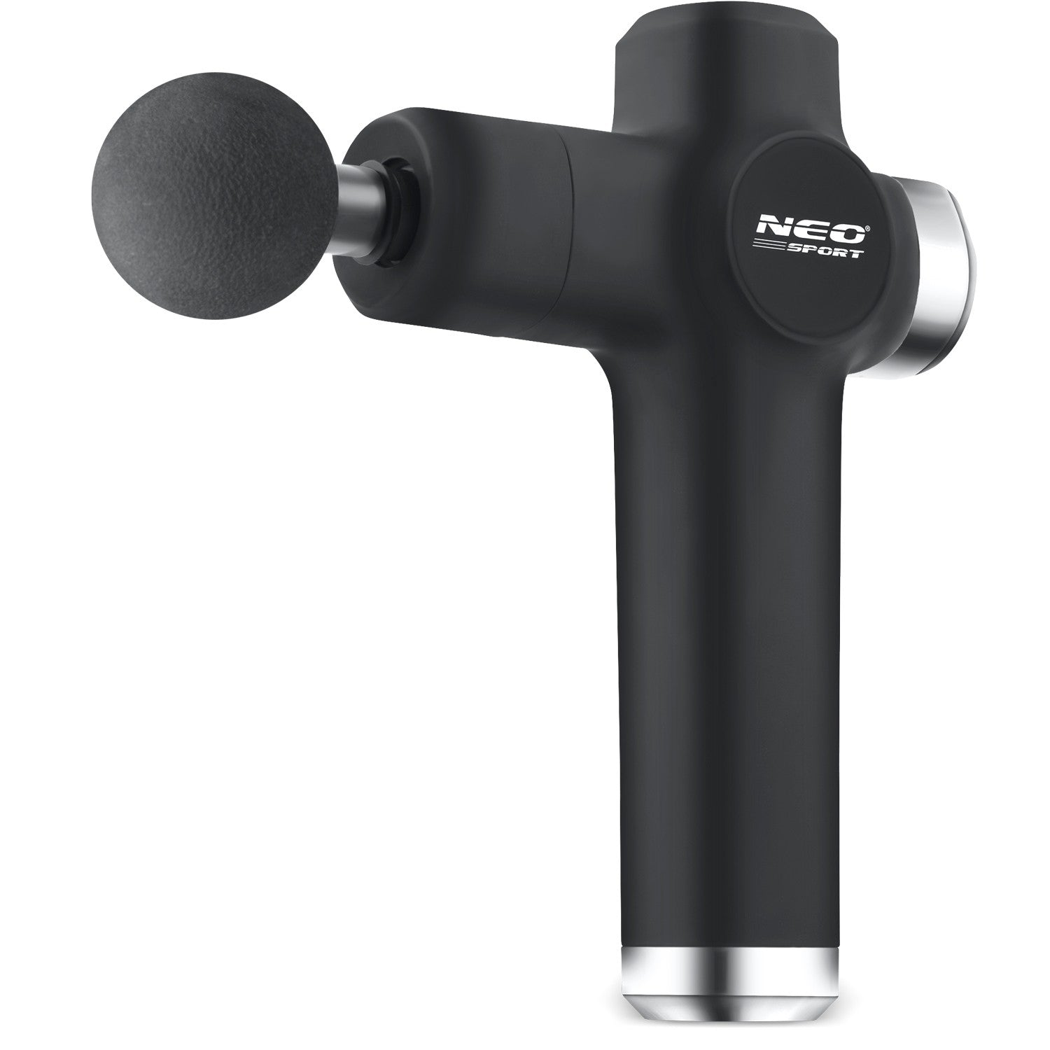 Una pistola de masaje NEO Sport negra y plateada. Tiene cabezal redondo, mango y el logo de la marca en el cuerpo.