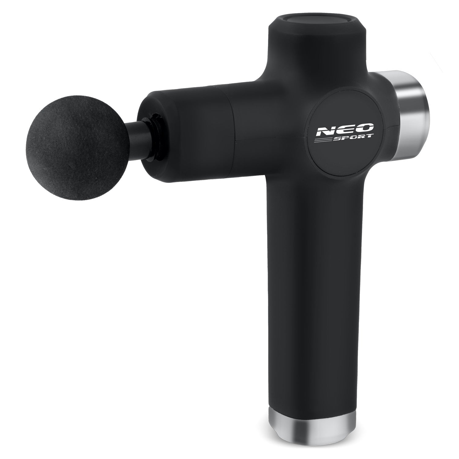 Una pistola de masaje NEO Sport negra y plateada. Tiene un diseño en forma de T con cabezal redondo y logotipo.