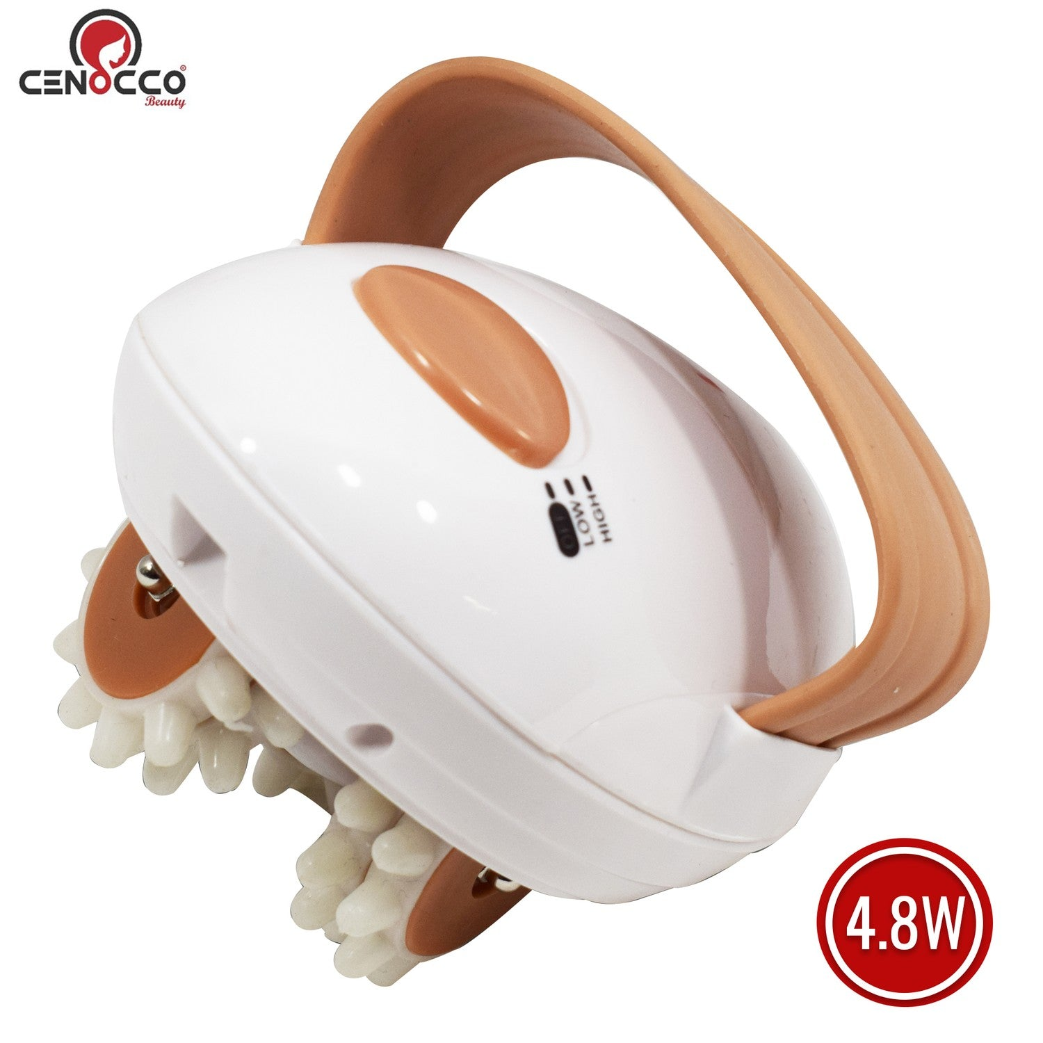 Un dispositivo de masaje blanco y marrón con asa y rodillos. Tiene una potencia de 4,8W. La marca es CENOCCO Beauty.