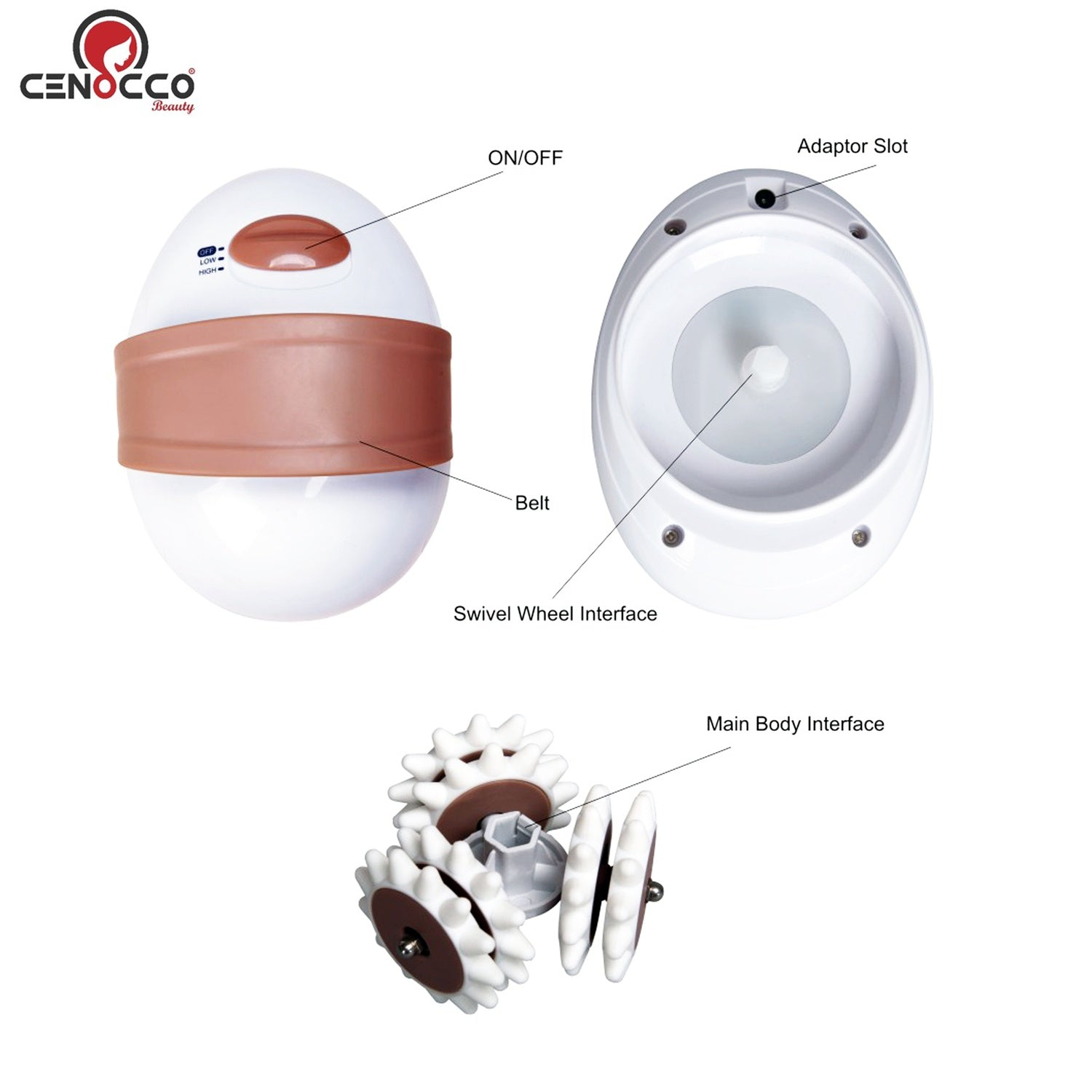 Un masajeador eléctrico con diseño de huevo, botón de encendido/apagado, cinturón y cabezales de rodillos, todo sobre fondo blanco.