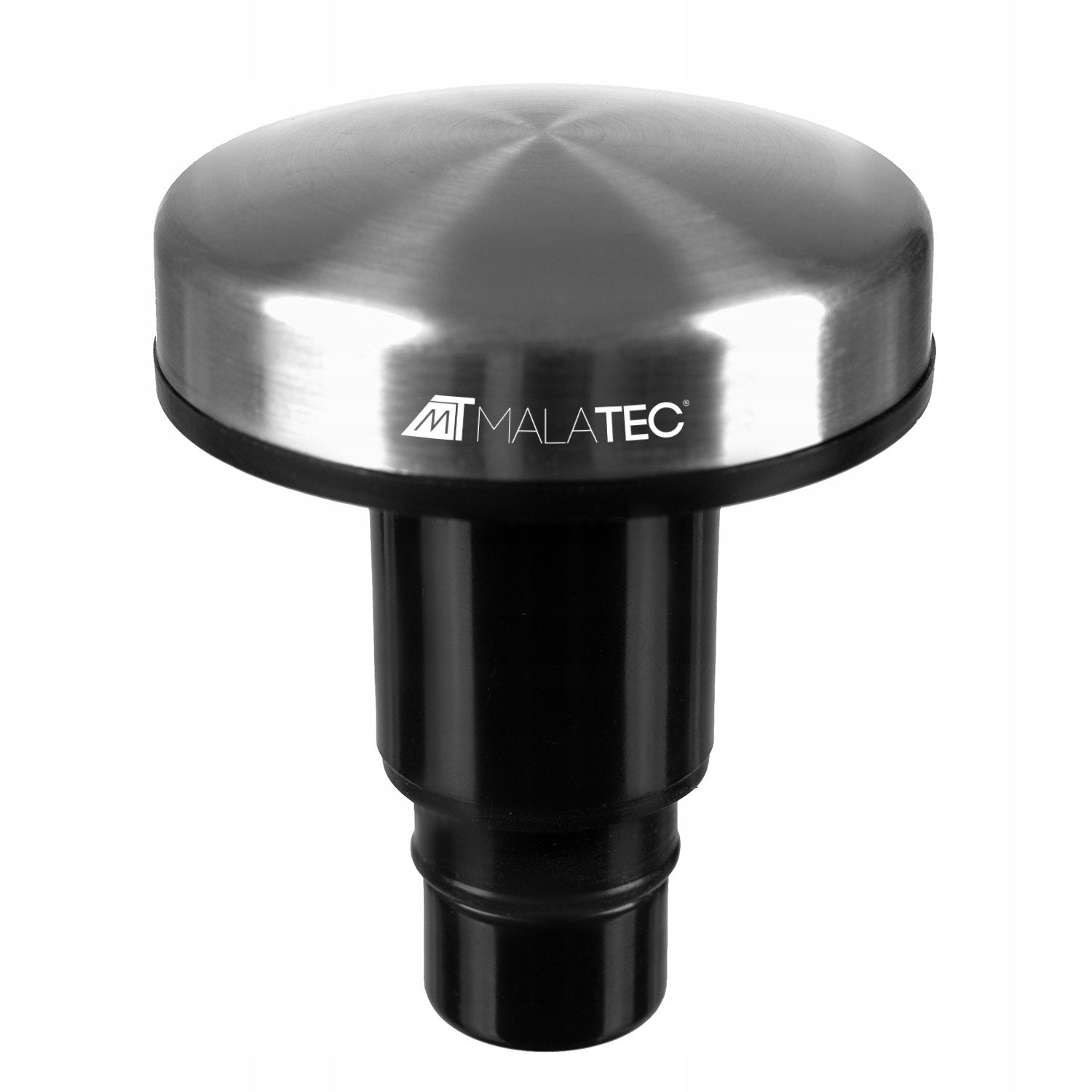 Un objeto de metal y plástico negro con el logo 'M MALATEC'. El objeto tiene una parte superior redonda, una base negra y un vástago cilíndrico.