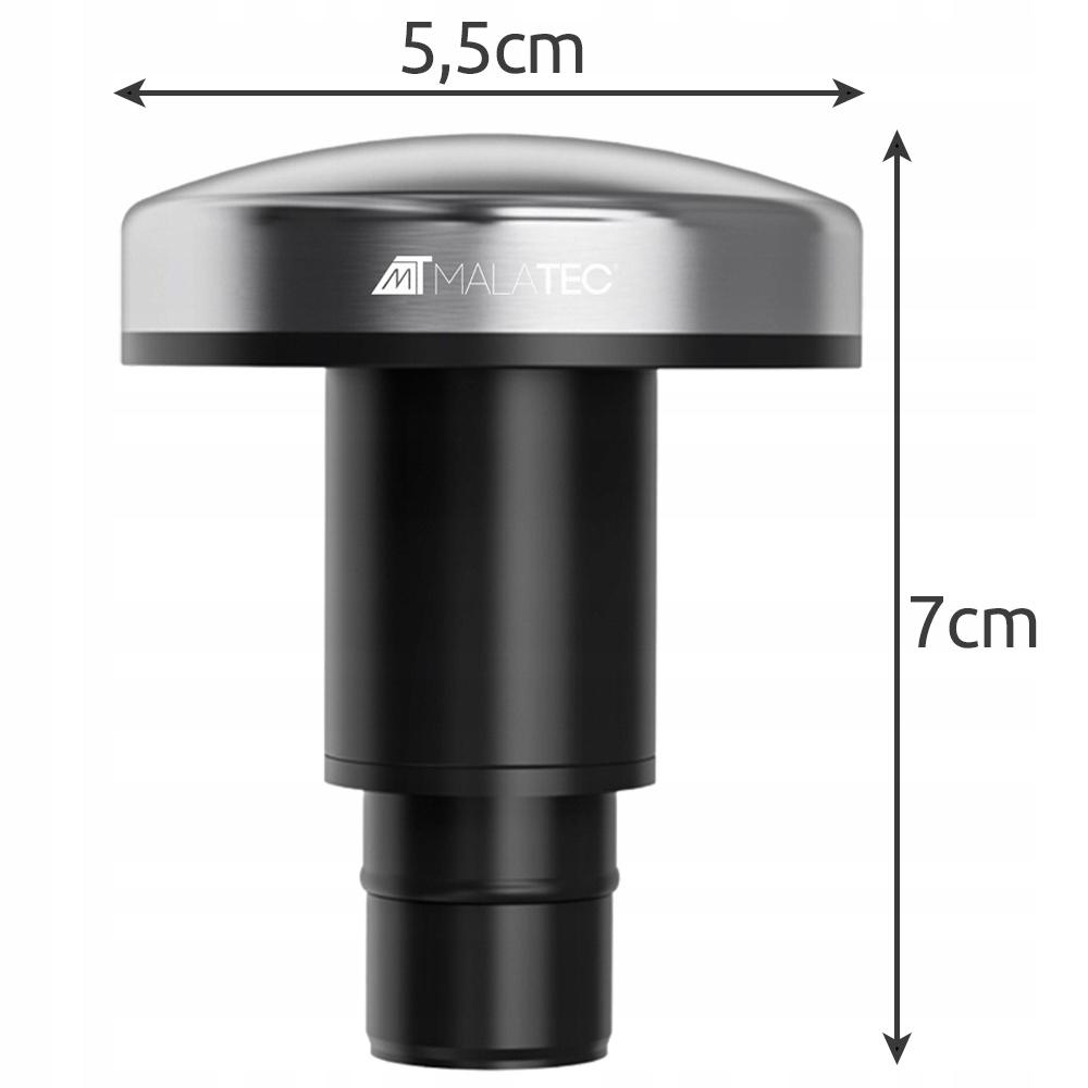 Un dispositivo metálico con parte superior redondeada y base negra cilíndrica. Dimensiones: 5,5 cm de ancho y 7 cm de alto. La marca MALATEC es visible.
