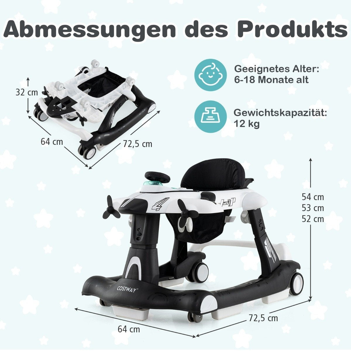 Un andador para bebés en blanco y negro, con dimensiones y capacidad de edad/peso. Incluye una vista superior y una vista lateral con medidas.