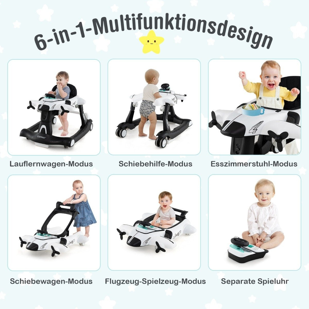La imagen muestra un andador para bebés 6 en 1 con diferentes modos. Los bebés están en cada modo. El título dice 'Multifunktionsdesign'.