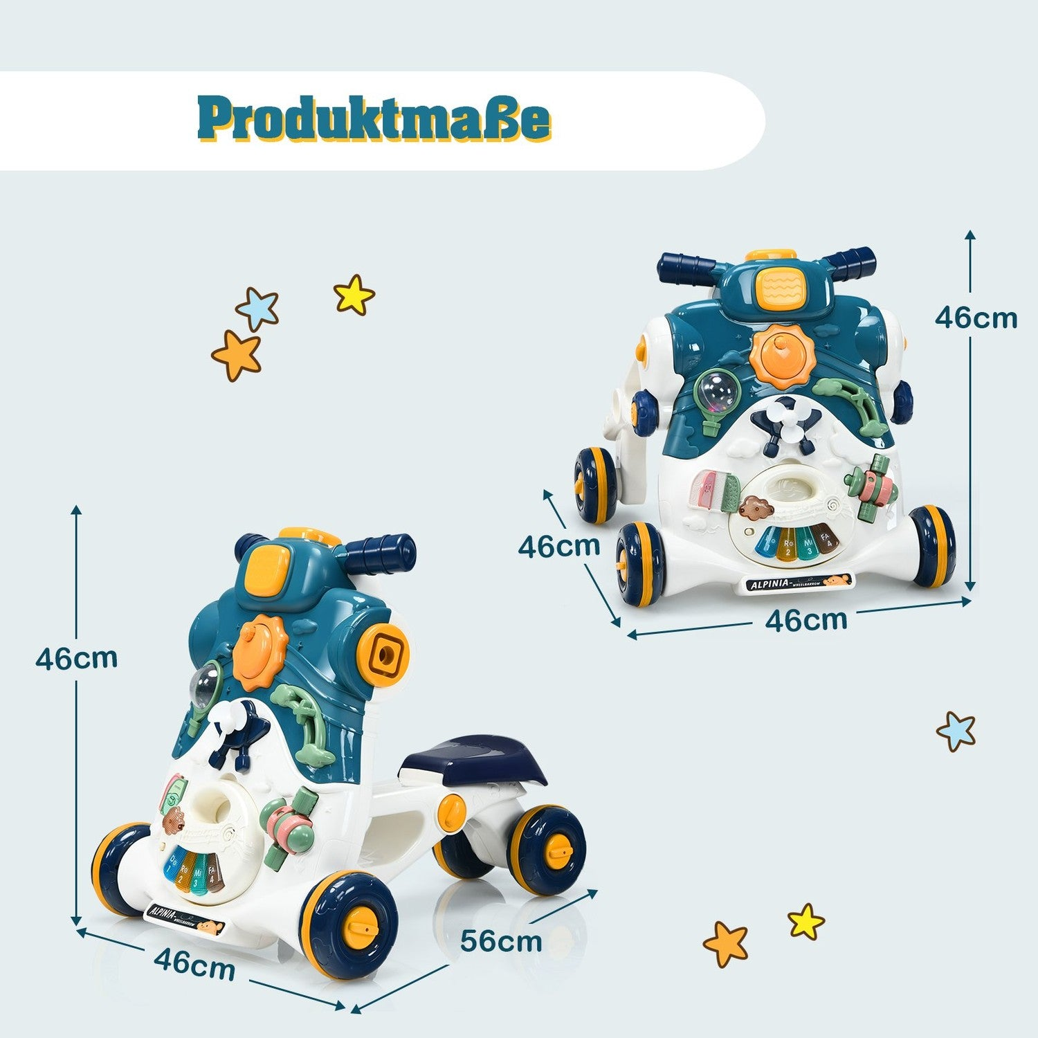 Dos andadores de juguete para bebés, blancos y azules, con dimensiones indicadas. Hay unas cuantas estrellas dispersas. El nombre del producto está arriba.