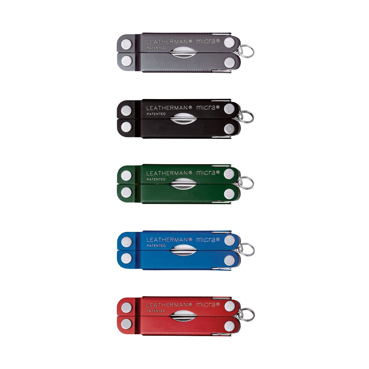 Cinque multiutensili Leatherman Micra in diversi colori: argento, nero, verde, blu e rosso. Ogni utensile ha un anello portachiavi.