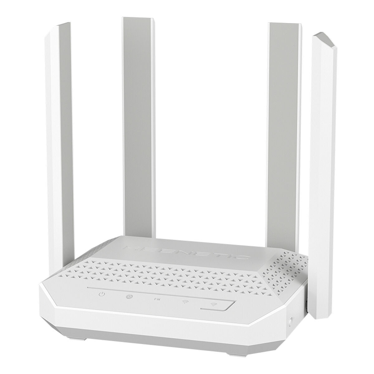 Ein weißer Router mit vier Antennen. Der Router hat ein geometrisches Design und mehrere Kontrollleuchten.