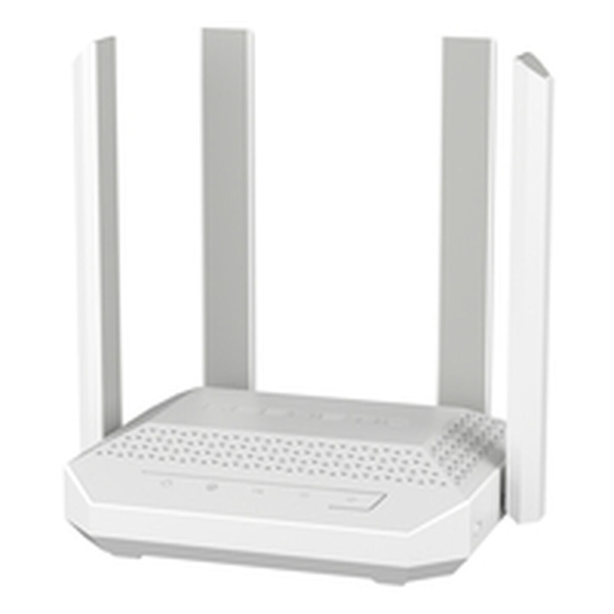 Ein weißer Router mit vier Antennen. Der Router ist rechteckig mit perforierter Oberseite und mehreren Kontrollleuchten.