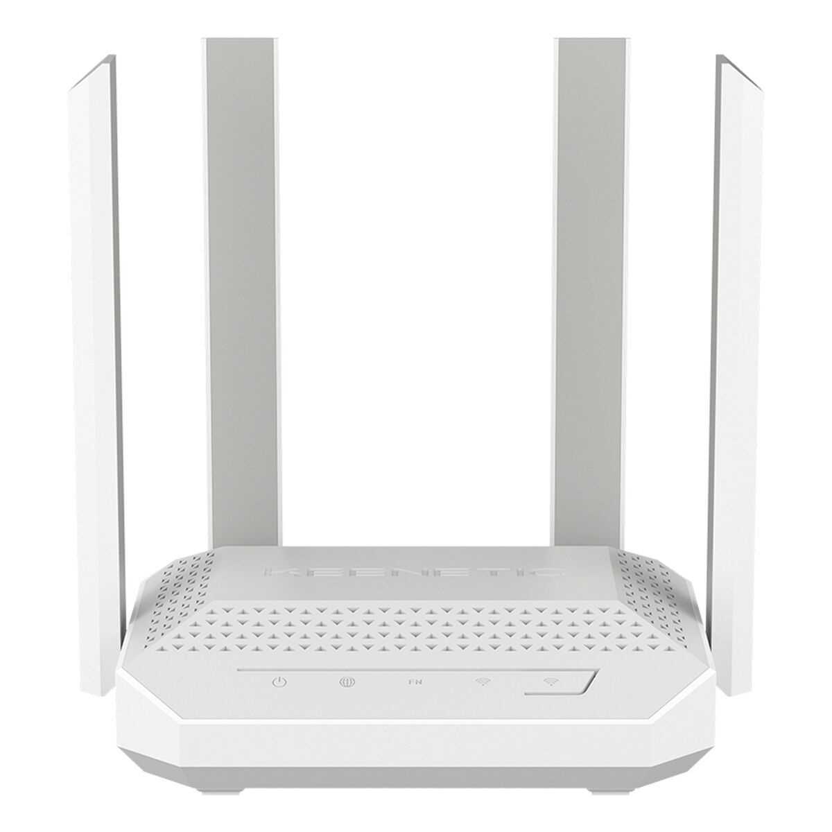 Ein weißer Keenetic-Router mit vier Antennen. Der Router hat einen rechteckigen Körper mit Tasten und einem Logo, und einen weißen Hintergrund.