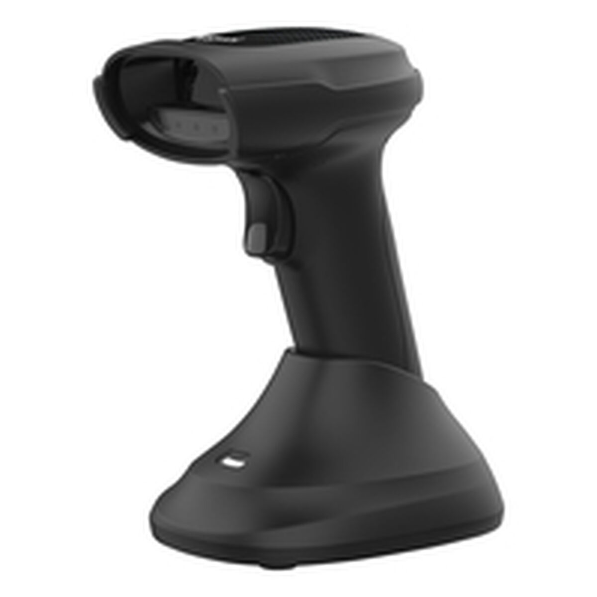 Ein schwarzer Barcodescanner mit Griff und Sockel wird gezeigt, er hat einen Auslöser und ein Scannerfenster. Er ist auf weißem Hintergrund.