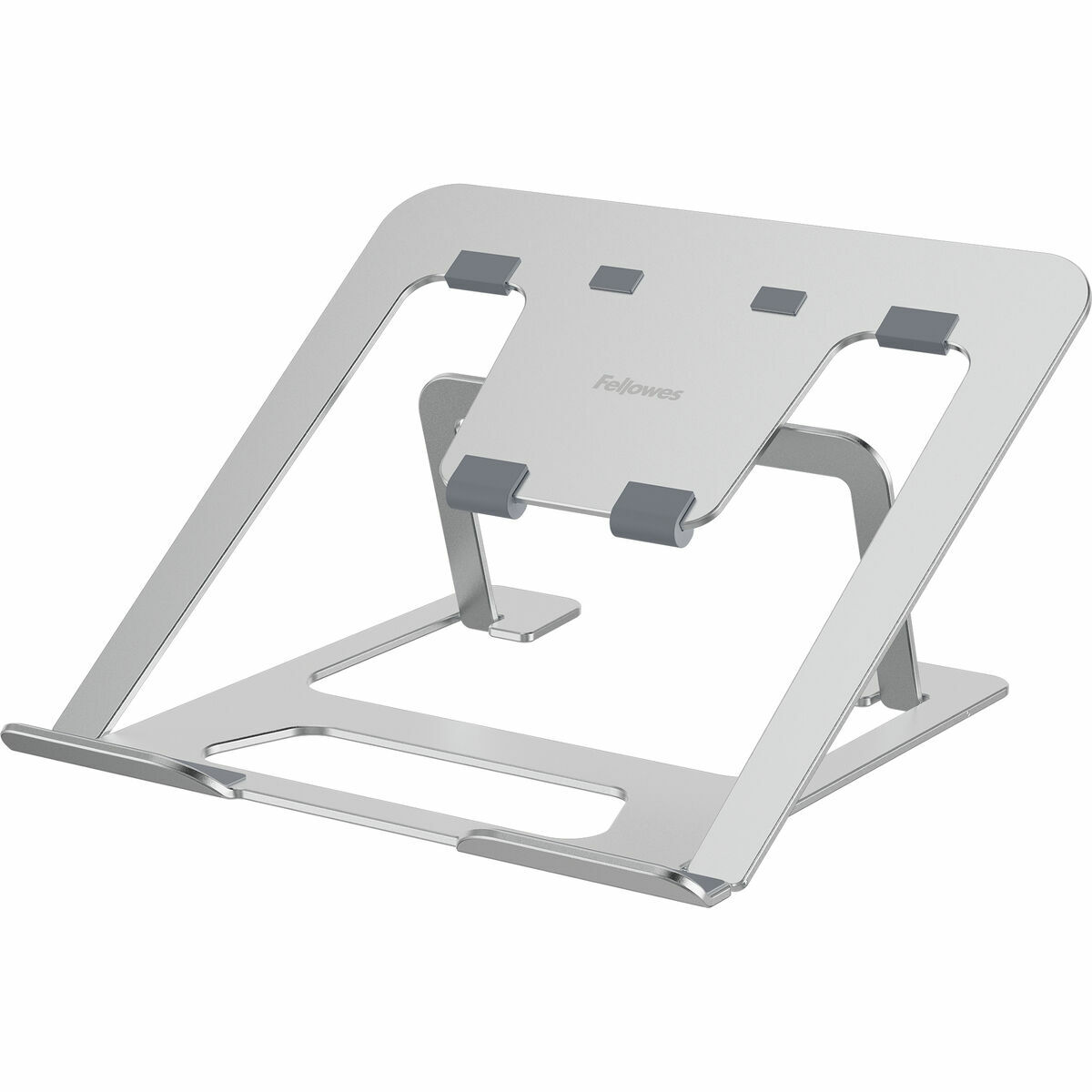 Un supporto per laptop argentato con impugnature in gomma grigia. Il logo Fellowes è sul davanti. È su sfondo bianco.