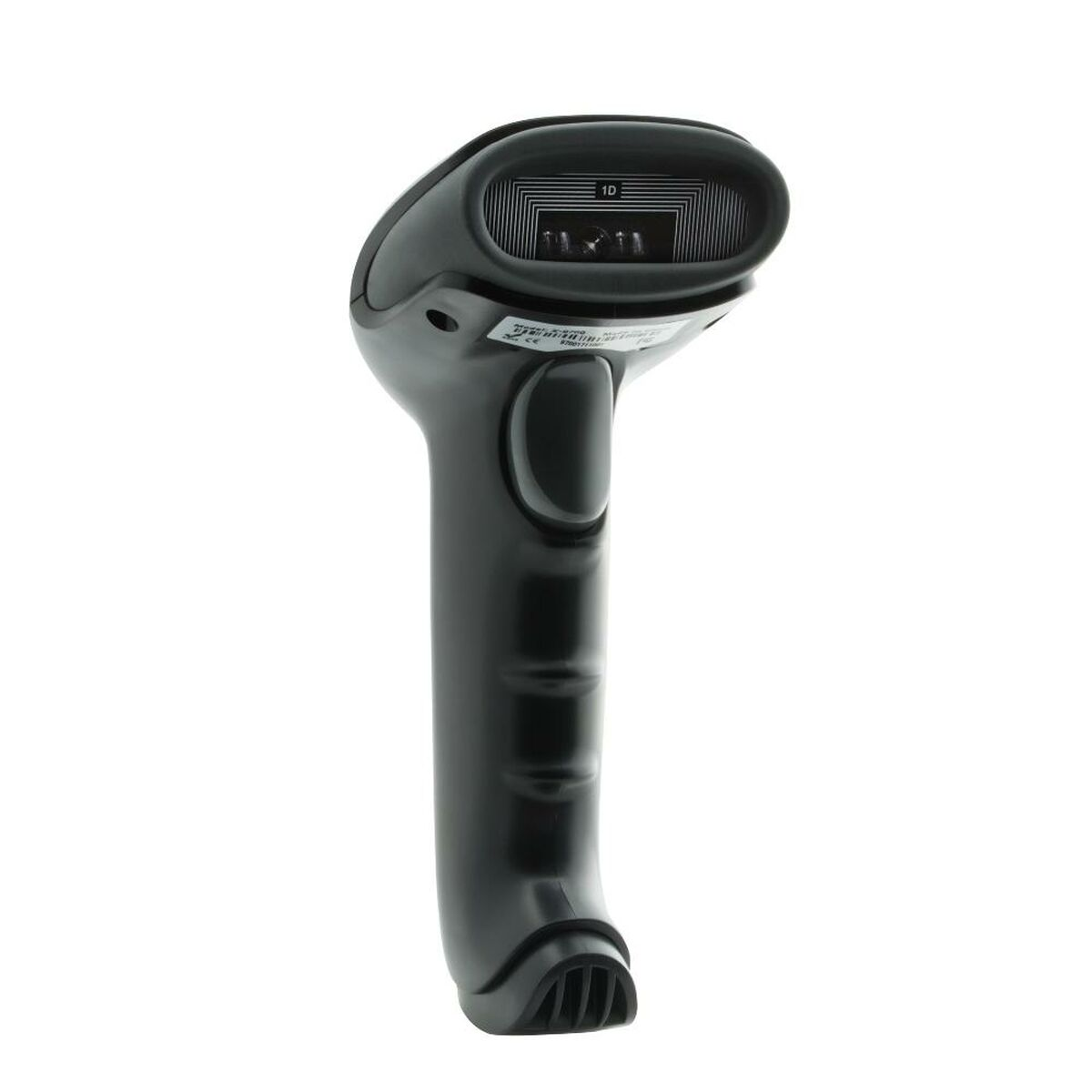 Ein schwarzer Barcodescanner auf weißem Hintergrund. Er hat einen Griff und einen Lesekopf mit Fenster.