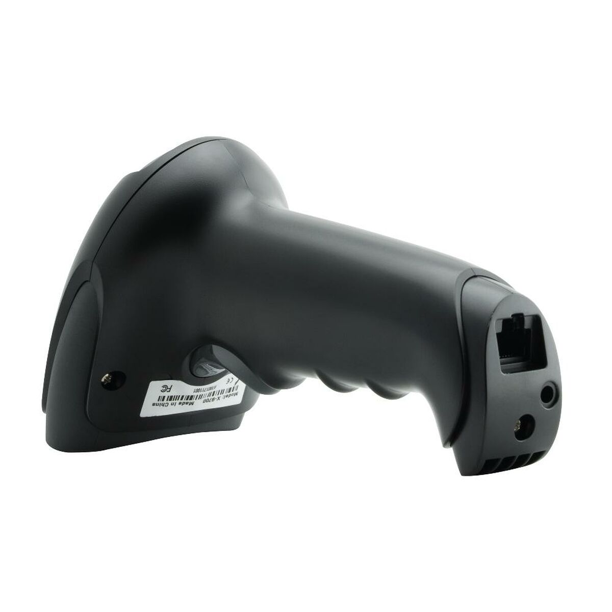 Ein schwarzer Barcodescanner auf weißem Hintergrund. Er hat einen Griff und einen Scankopf. Der Scanner ist nach rechts angewinkelt.