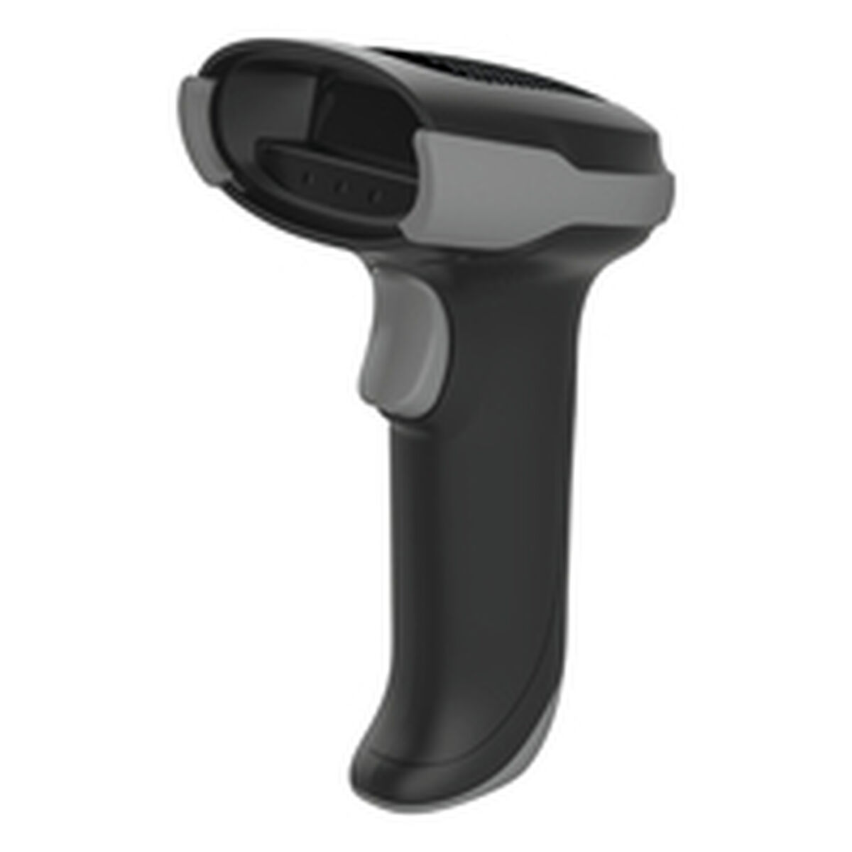 Ein tragbarer Barcode-Scanner. Er ist schwarz mit grauen Akzenten. Der Griff hat einen Auslöser. Der Kopf hat eine Öffnung zum Scannen.