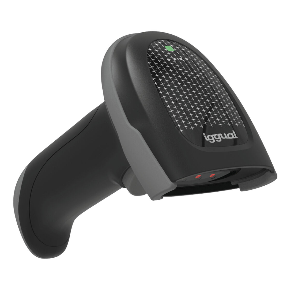 Ein tragbarer Barcode-Scanner. Er ist schwarz und grau mit einem Gittermuster auf der Oberseite. Die Marke "iggual" ist aufgedruckt.
