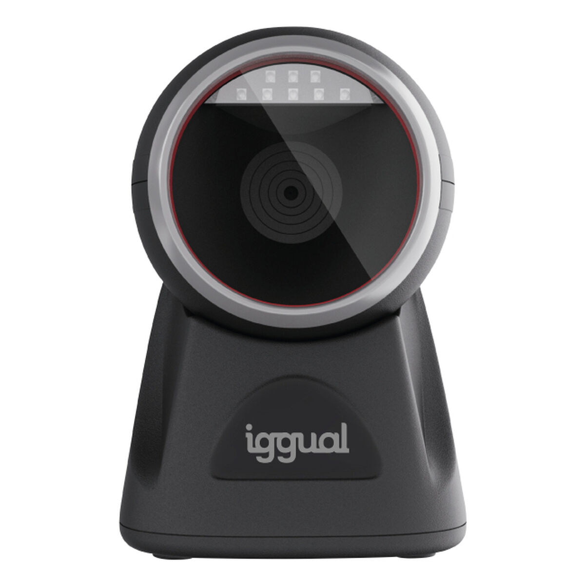 Ein schwarzer Barcode-Scanner mit rundem Kopf und Sockel. Der Kopf hat eine Glasscheibe und einen roten Ring. Das Logo 'iggual' befindet sich auf dem Sockel.