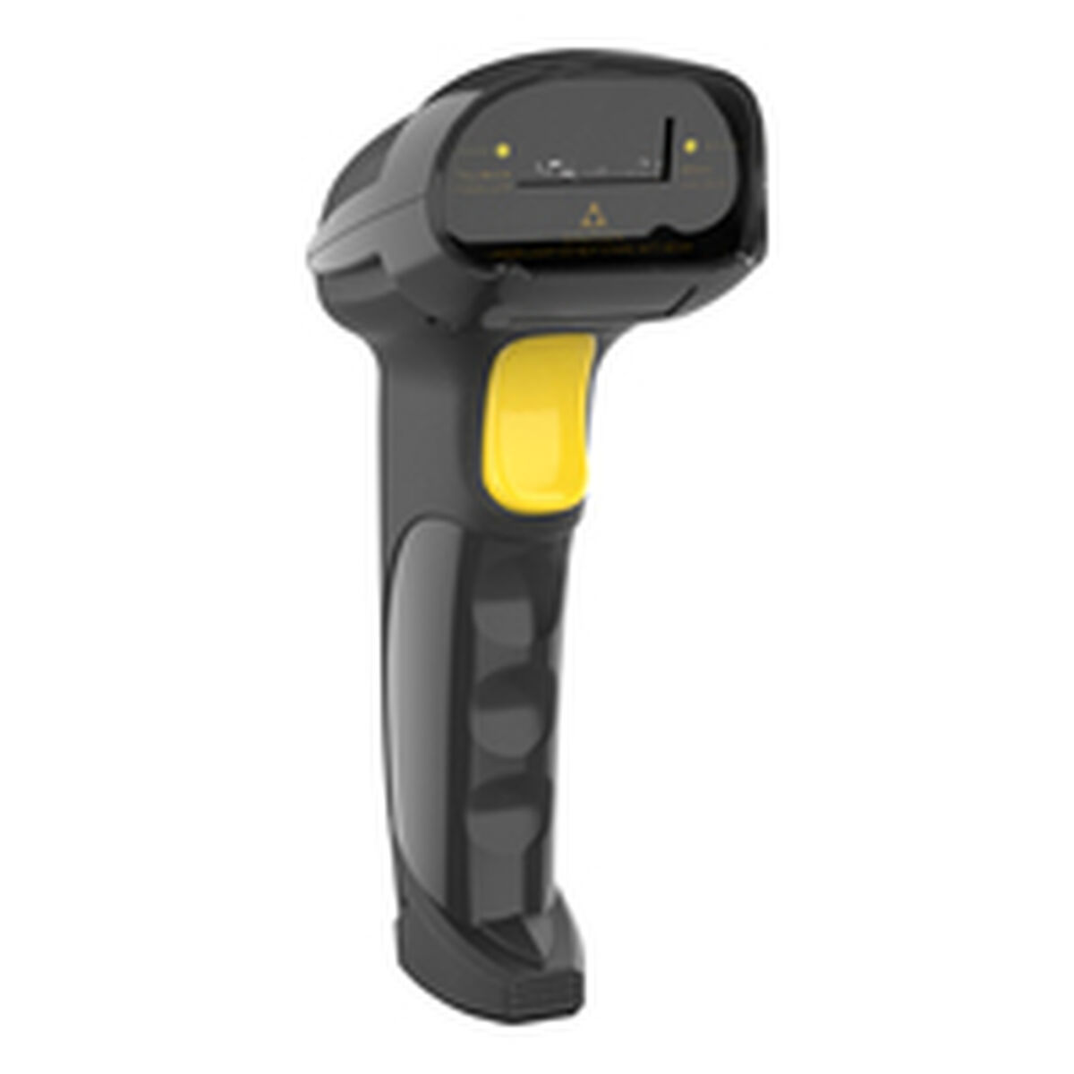 Ein tragbarer Barcode-Scanner. Er ist schwarz und grau mit einer gelben Taste. Der Scanner hat einen Griff und einen Lesekopf.