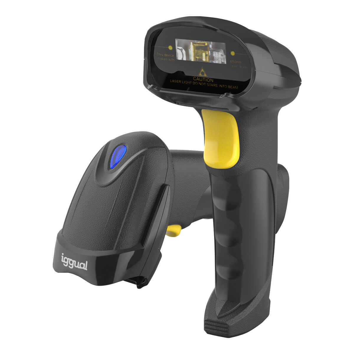 Ein schwarz-gelber Barcodescanner. Er hat ein blaues Licht, einen gelben Auslöser und einen Bildschirm mit Text.