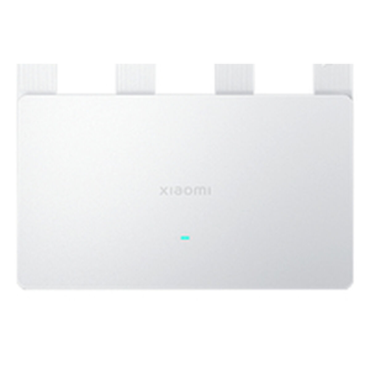 Un router Xiaomi bianco. Ha quattro antenne in alto e una piccola luce blu. Il marchio è visibile al centro.