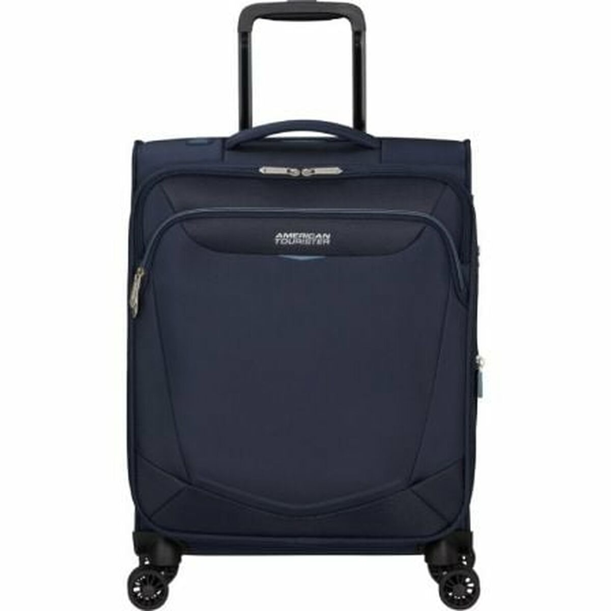 Ein marineblauer American Tourister-Koffer mit ausziehbarem Griff und vier schwarzen Rädern. Der Markenname ist sichtbar.