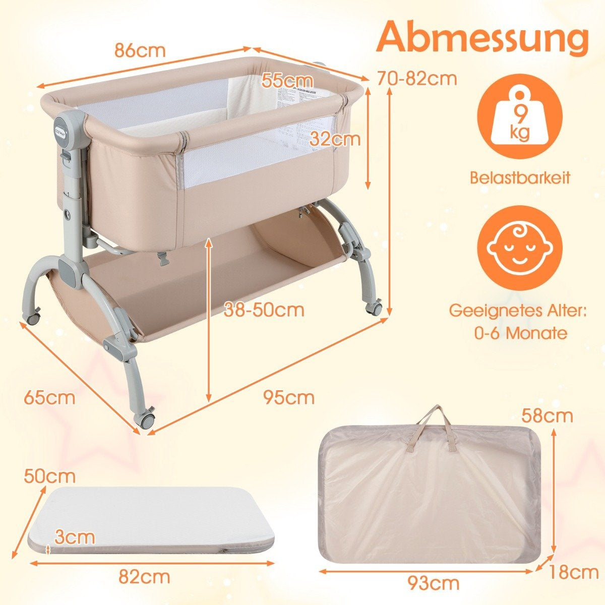Se muestra una cuna beige con dimensiones, un colchón y una bolsa de transporte. La cuna es adecuada para 0-6 meses.