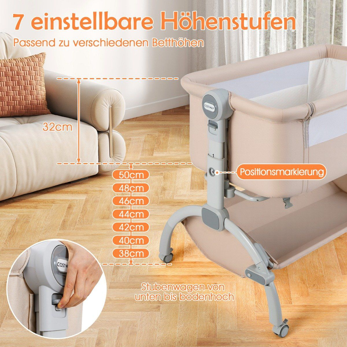 Una cuna beige con niveles de altura ajustables se muestra, junto con un sofá y etiquetas de medición para configuraciones de altura.