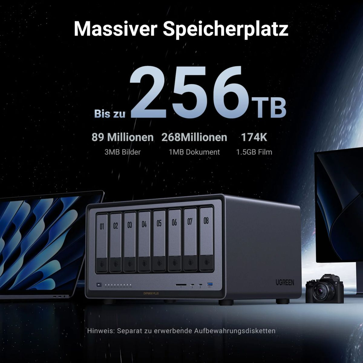 Werbung für Speicherplatz mit der Zahl 256TB. Es gibt eine Festplatte, einen Laptop und eine Kamera. Text auf Deutsch.