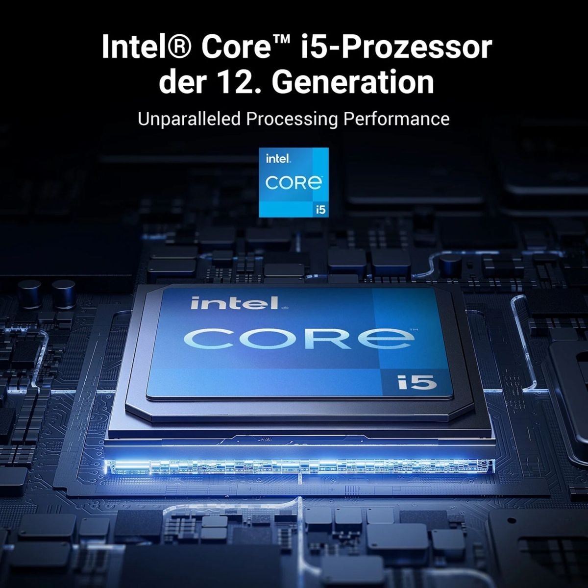 Bild des Intel Core i5-Prozessors. Ein blauer und schwarzer Prozessor in der Mitte. Der Hintergrund ist ein Motherboard.