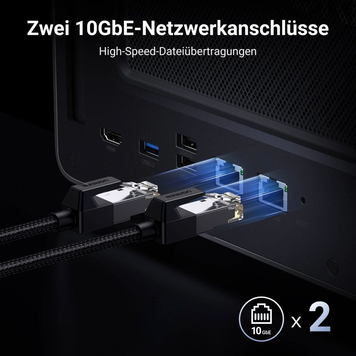Zwei schwarze Netzwerkkabel sind an einen Computer angeschlossen. Der Text lautet 'Zwei 10GbE-Netzwerkanschlüsse' und 'High-Speed-Dateiübertragungen'.