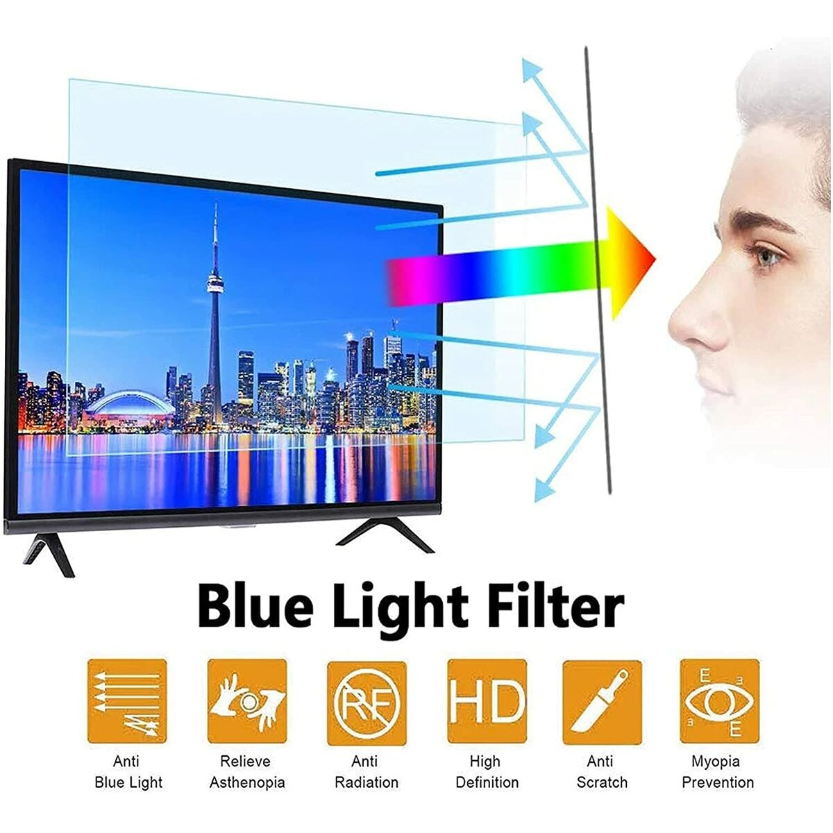 Una TV con skyline, filtro luce blu, volto maschile e icone per luce blu, astenopia, radiazioni e altro.