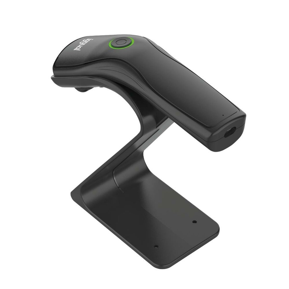 Ein schwarzer Scanner mit grünem Knopf steht auf einem Ständer vor weißem Hintergrund.