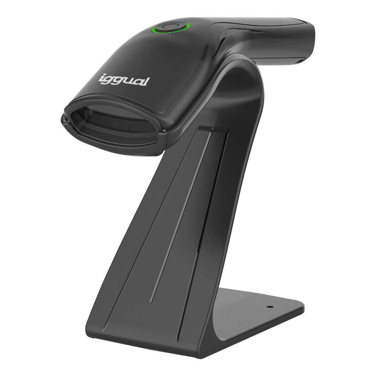 Ein schwarzer Barcodescanner auf einem Ständer mit dem Markennamen 'iggual'. Der Scanner hat ein grünes Licht. Der Hintergrund ist weiß.