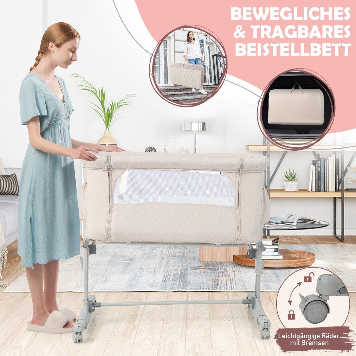 Una mujer está junto a una cuna de cabecera beige con ruedas. Imágenes adicionales muestran portabilidad. Texto: 'cama de cabecera móvil y portátil'.