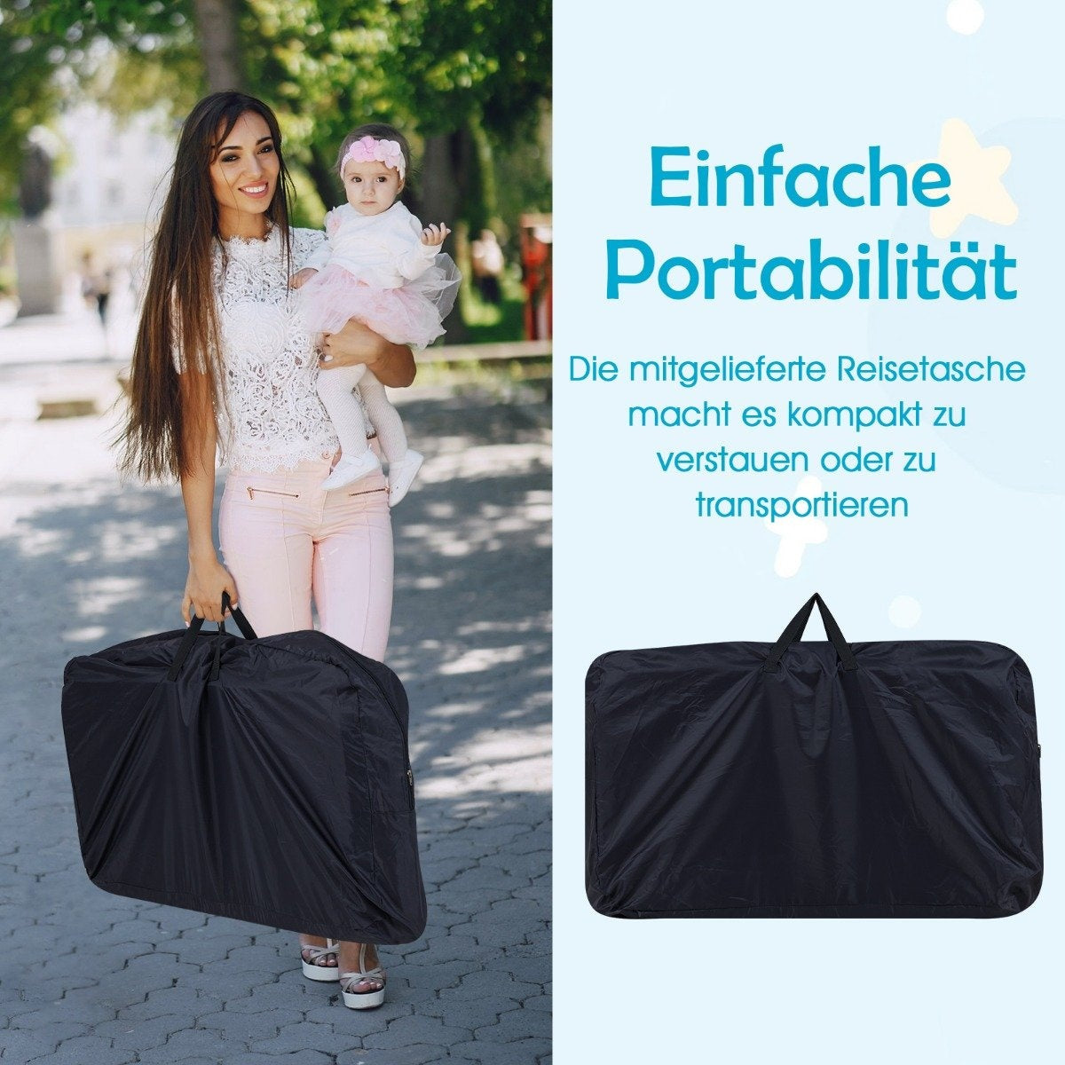 Una mujer sostiene un bebé y una bolsa negra. El texto dice 'Portabilidad Fácil'.