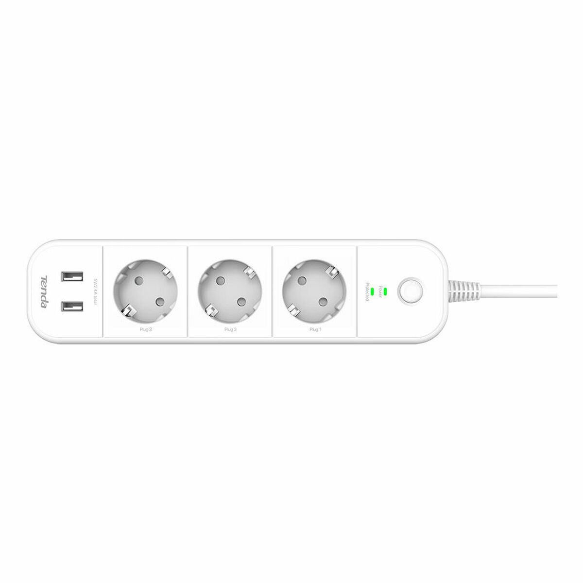 Una ciabatta bianca con tre prese, due porte USB e un pulsante di accensione. Ci sono spie per l'alimentazione e la protezione.