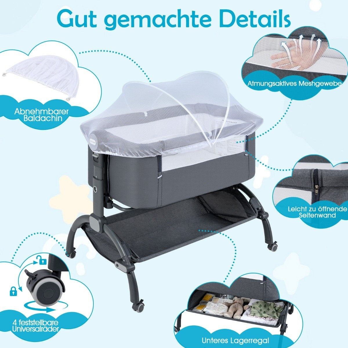 Una cuna gris con mosquitera, ruedas y estante. Incluye capota extraíble y malla transpirable.