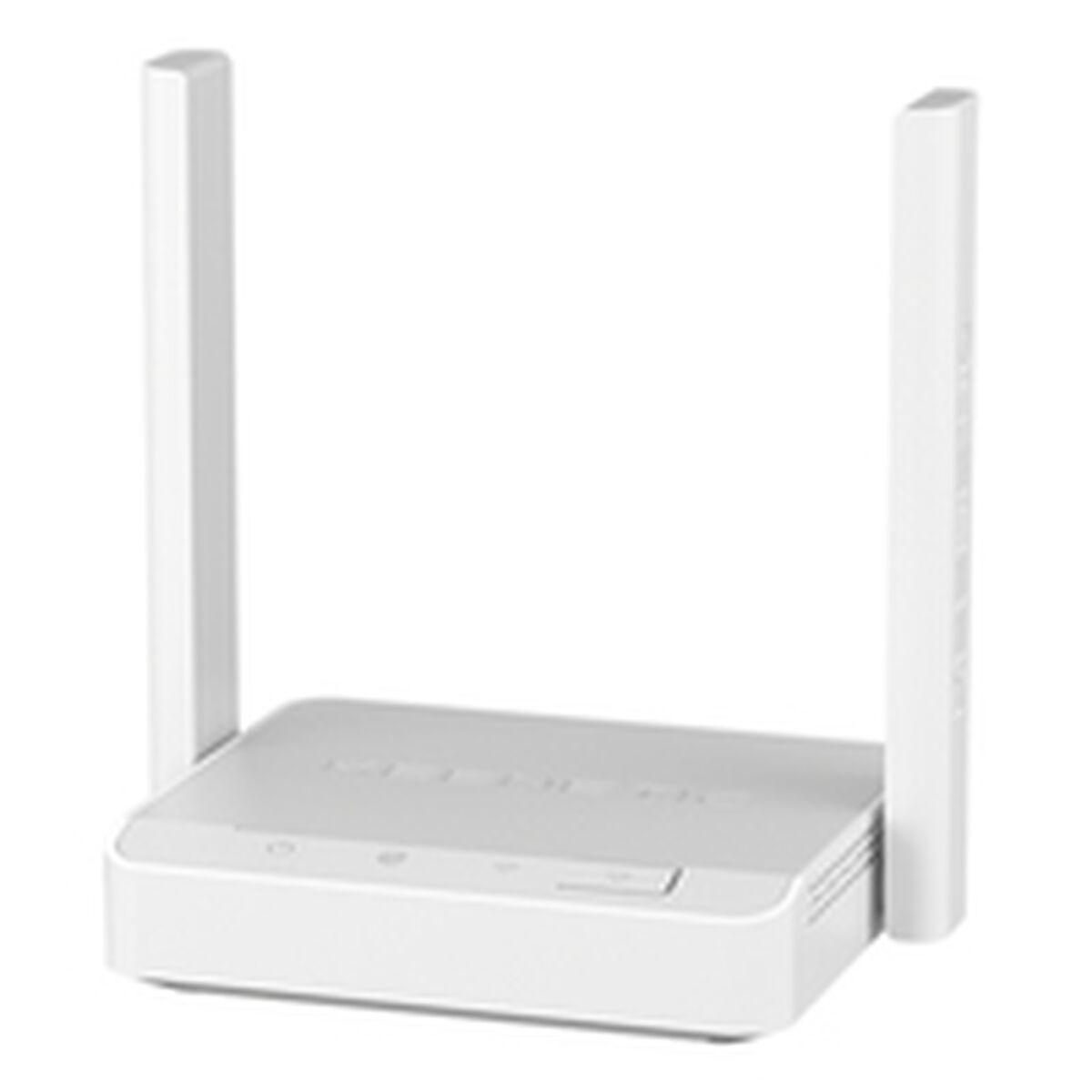 Ein weißer Router mit zwei vertikalen Antennen. Der Router hat einen rechteckigen Körper mit mehreren kleinen Kontrollleuchten.